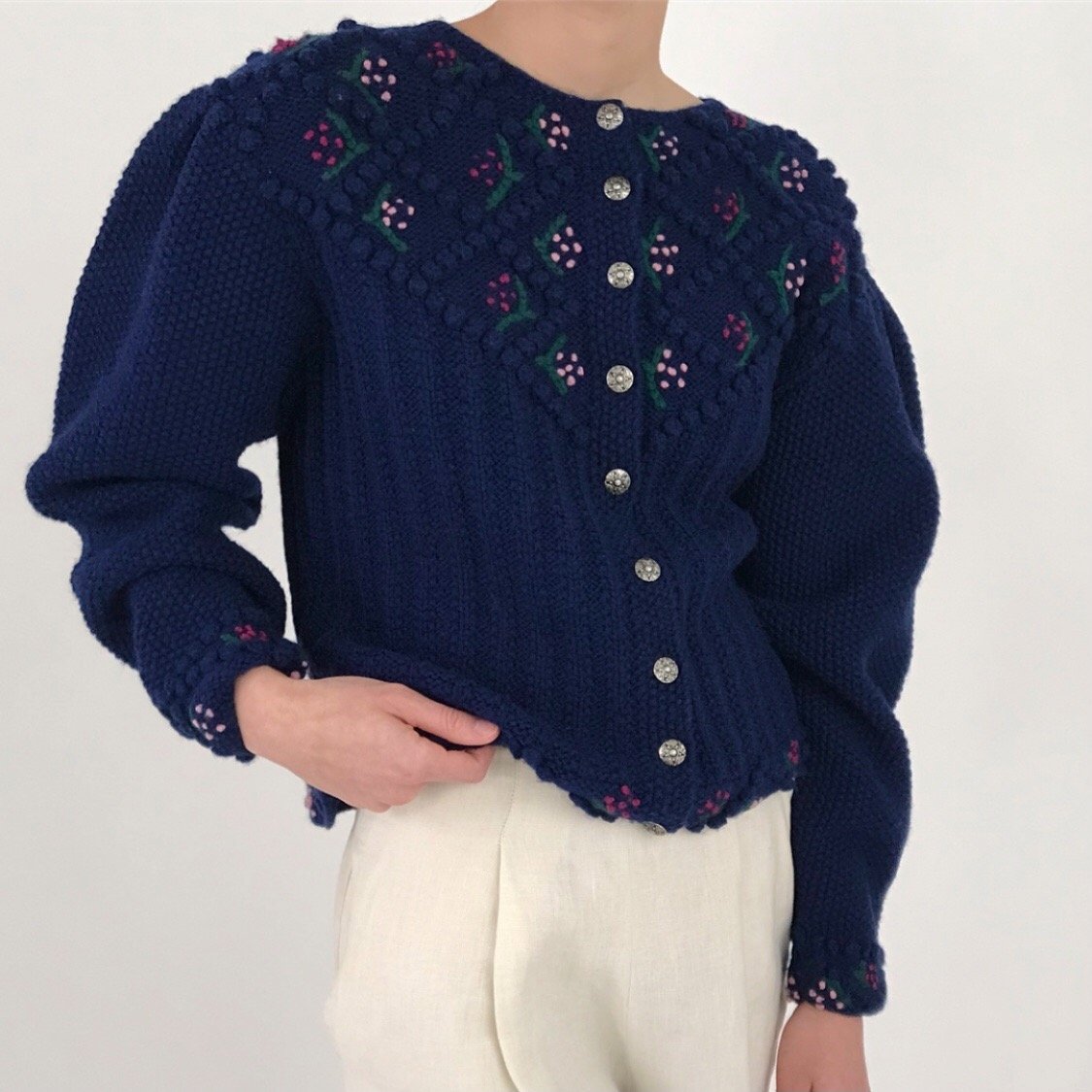 Vintage Navy Hand Embroidered Floral Pom Pom Puff Sleeve Cardigan
